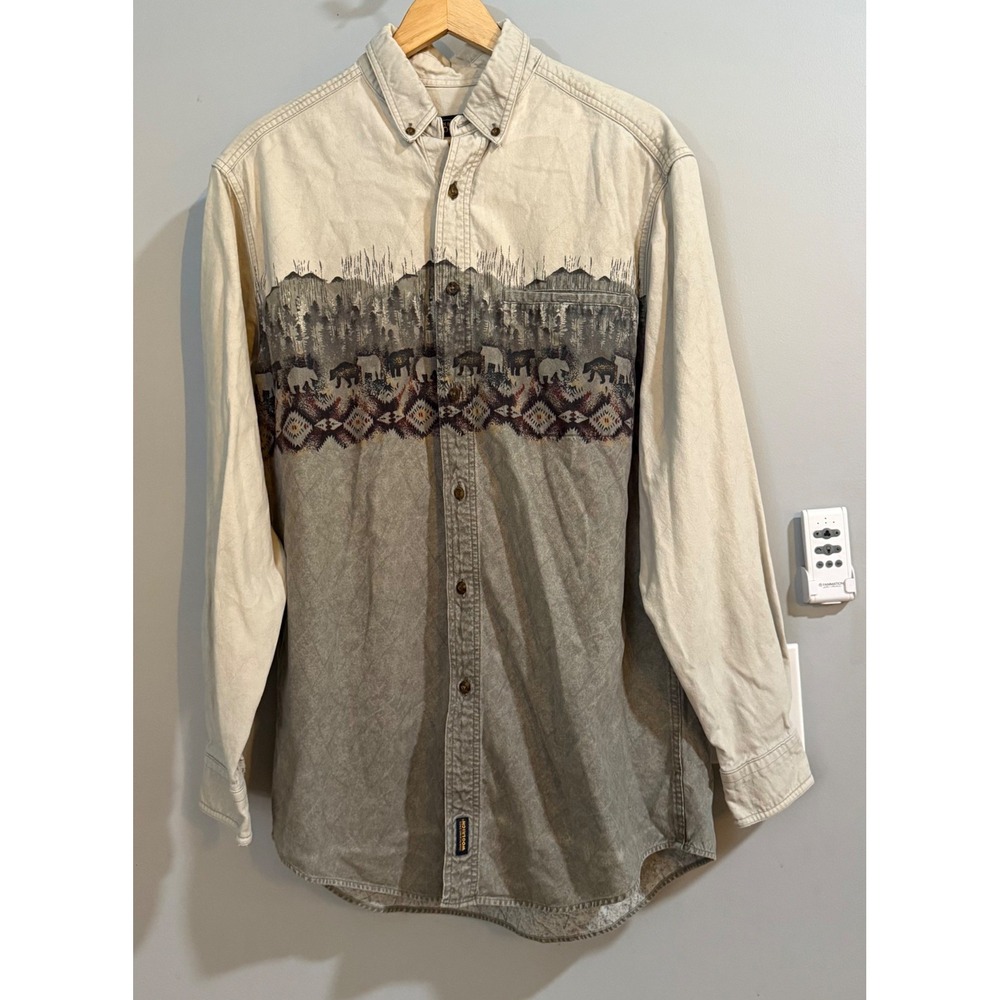 Woolrich Button Down Shirt Mens L Cream Olive Bear Mountain Western Rugged